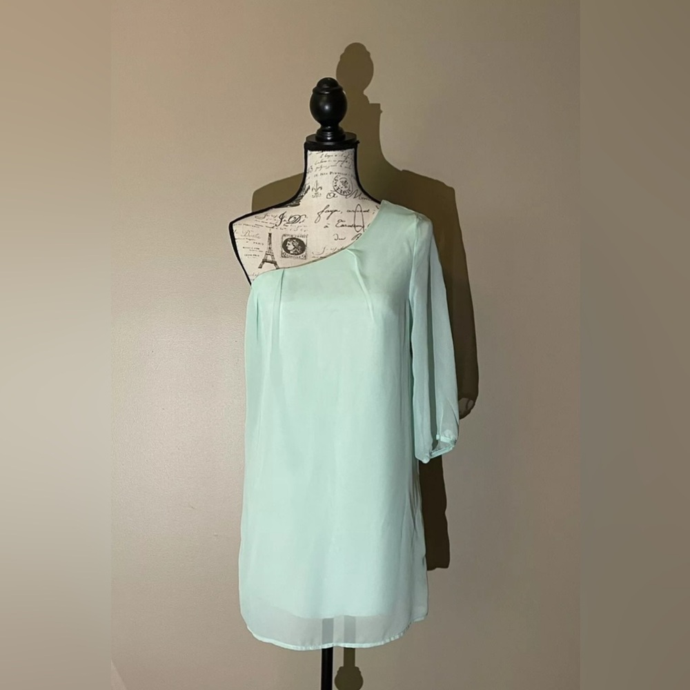 Private Gallery Women’s Size Small Mint Green One Shoulder Sheer Dress Lined